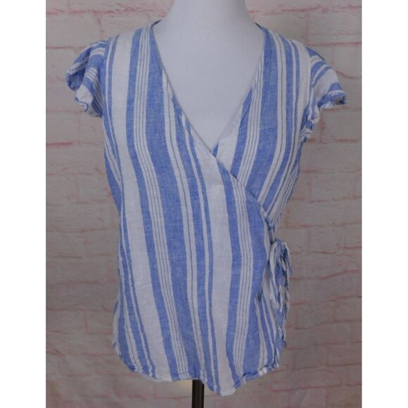 Old Navy Blue & White Striped Wrap Top With Ruffle Sleeves Womens M Linen Blend - Picture 1 of 12